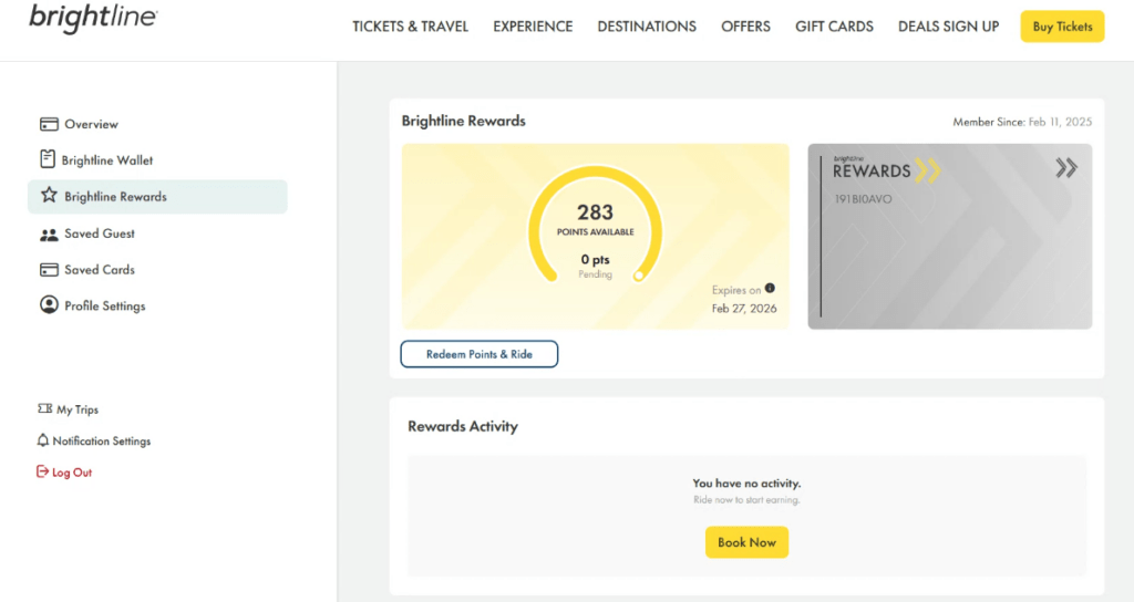 Brightline loyalty program member page desktop view