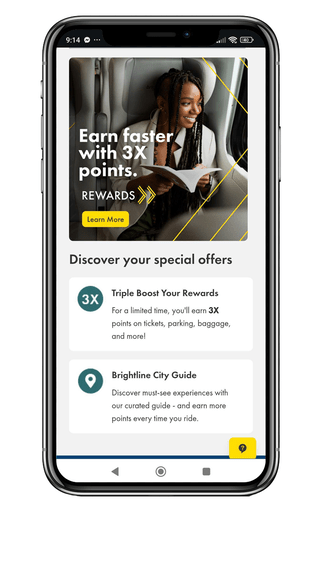 Brightline mobile app view with promotional campaigns