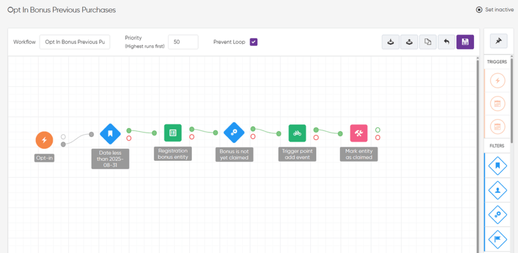Screenshot of Brightline Rewards' promotional workflow within the Antavo platform