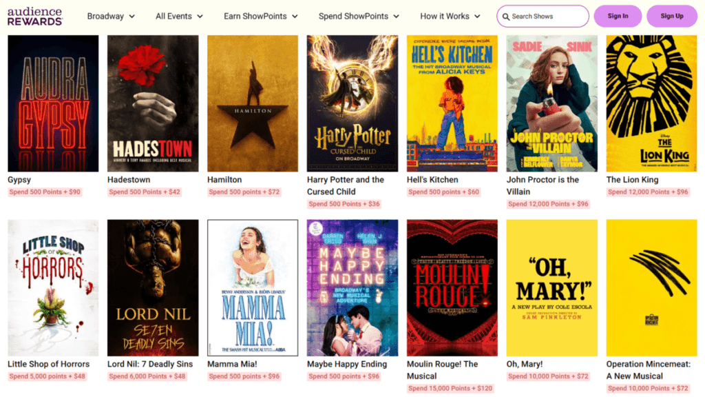 Screenshot of Broadway’s Audience Rewards loyalty program’s available rewards for points and dollars