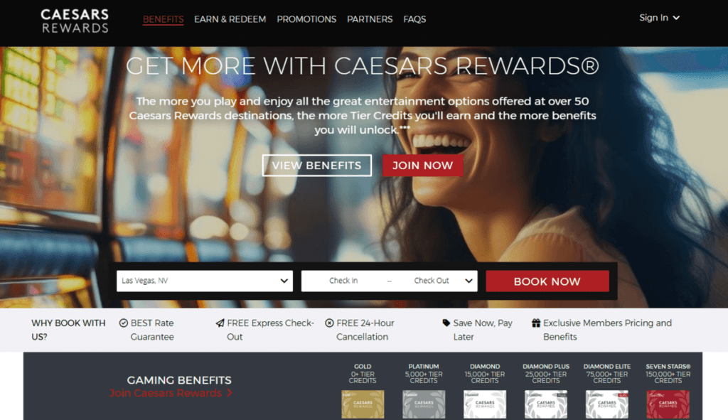 Caesars Entertainment’s Caesars Rewards loyalty program with the tiers displayed