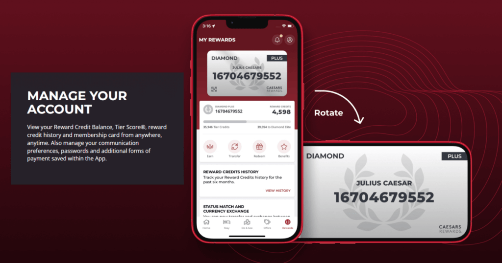 Screenshot of the Caesars Rewards App showcasing member benefits