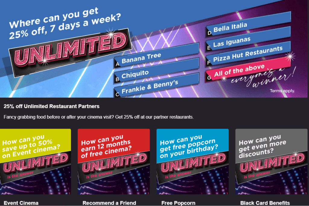 Cineworld Unlimited Membership displaying several fan-focused perks