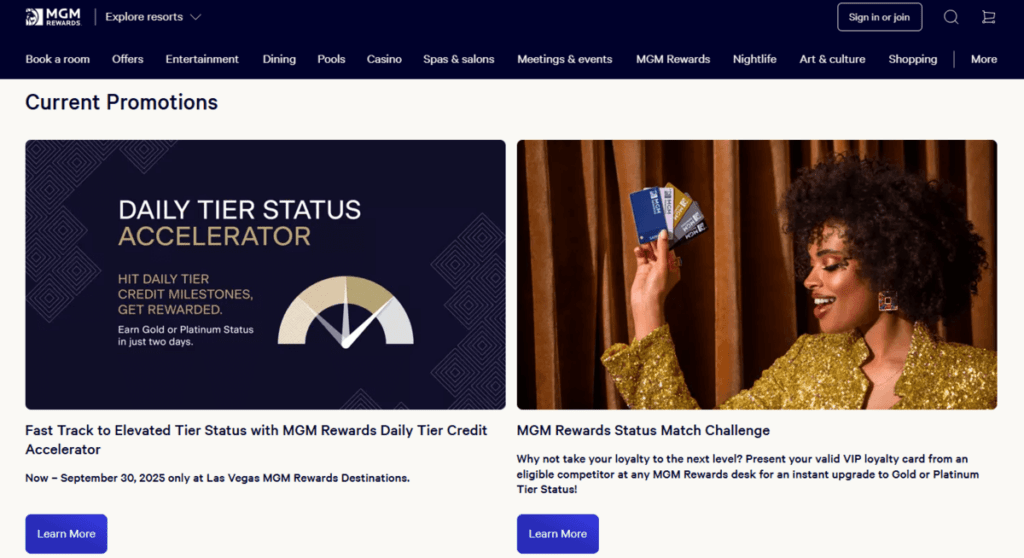 MGM Rewards loyalty program current promotions displayed
