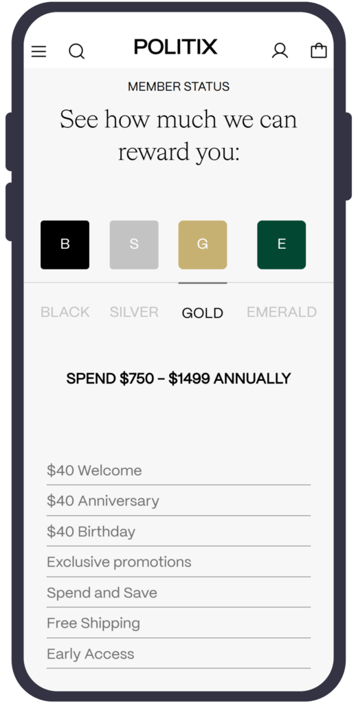 Mobile view of the Politix Plus loyalty program’s tier structure