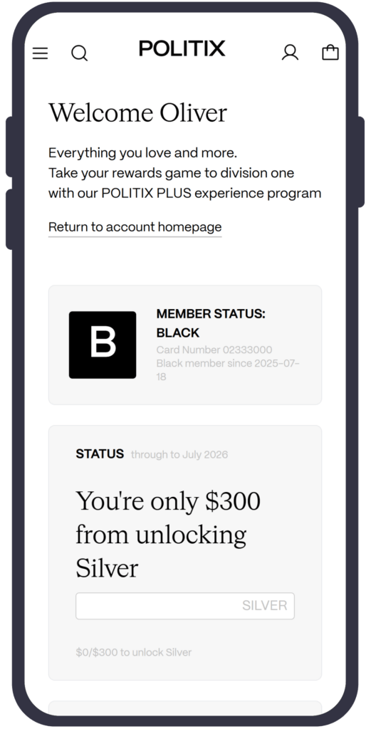 Mobile view of the Politix Plus loyalty program’s member page