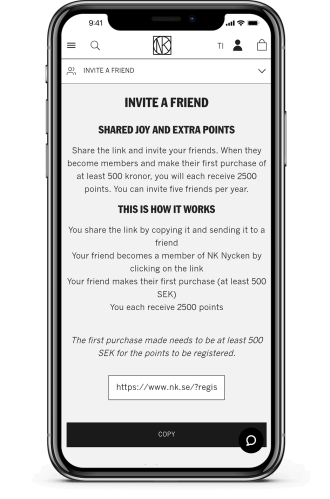 NK Nyckeln loyalty program’s friend referral page