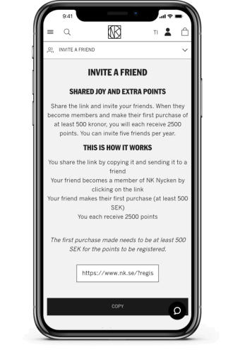 NK Nyckeln loyalty program’s friend referral page