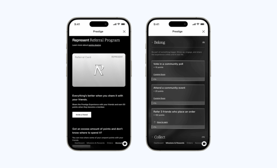 Represent’s friend referral, and community-driven loyalty program features