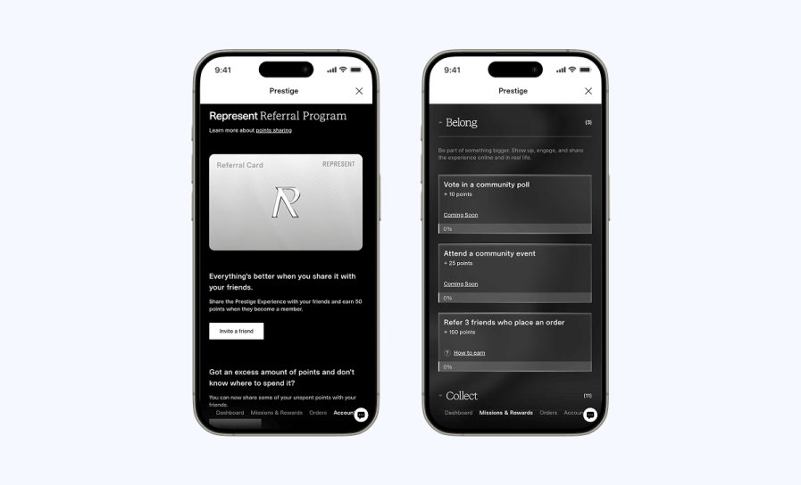 Represent’s friend referral, and community-driven loyalty program features