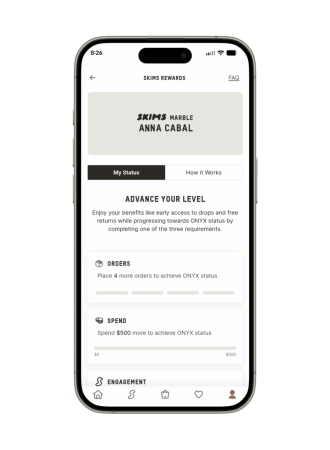 SKIMS Rewards app screenshot showing a MARBLE tier member's status page