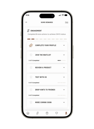 SKIMS Rewards app showing engagement actions toward ONYX status