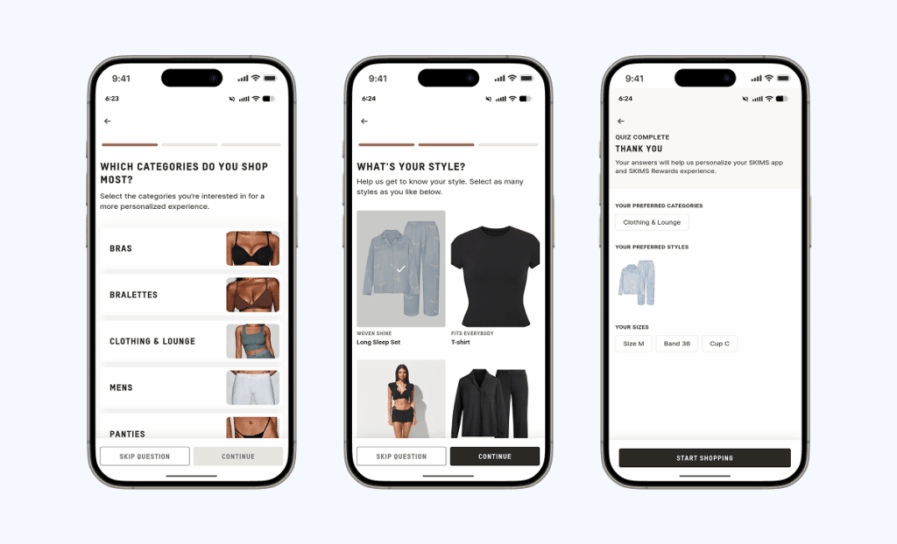SKIMS Rewards app customer preference quiz for personalized shopping experience