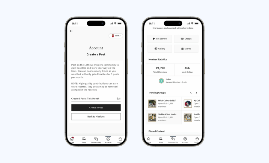 Two screens from the LeMieux Insiders app showing the community mission mechanic