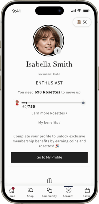LeMieux Insiders app profile screen showing a loyalty member at the Enthusiast tier