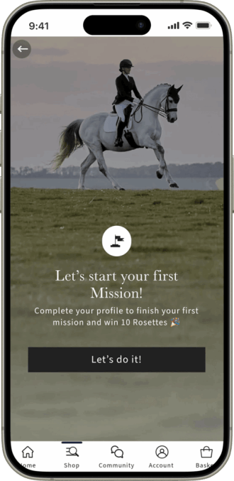 LeMieux Insiders app mission screen encouraging new members to complete their profile to earn 10 Rosettes