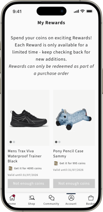 LeMieux Insiders app rewards screen showing two time-limited coin redemption options