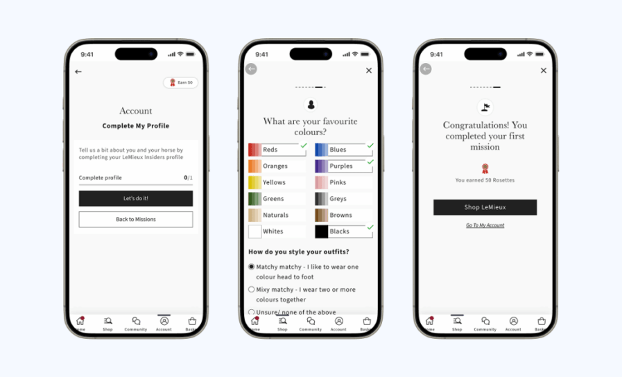 Three screens from the LeMieux Insiders app showing the profile completion mission flow
