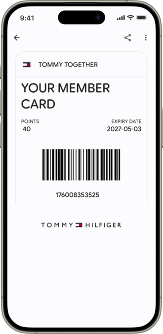 Tommy Together digital Member Card in a mobile wallet showing current loyalty member point balance