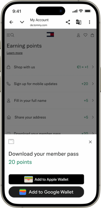 Tommy Together Member Pass download prompt showing a 20-point reward for adding the pass to digital wallets