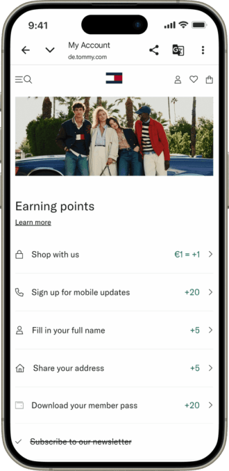 Tommy Together point earning screen showing different actions loyalty members can earn points with