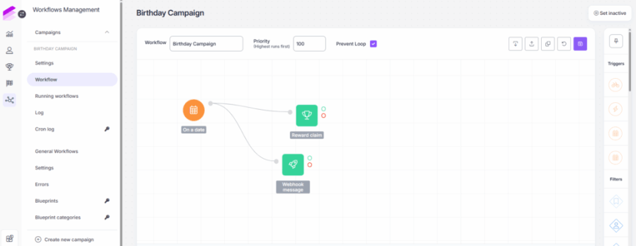 Antavo's Workflows Management interface showing LeMieux's Birthday Campaign workflow