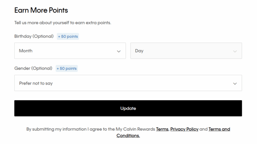 My Calvin Rewards "Earn More Points" profile completion screen showing 50 bonus points for adding birthday and gender information