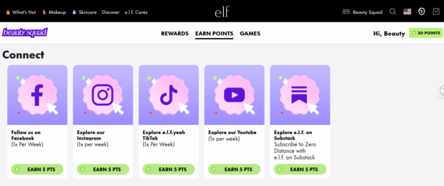 A display featuring e.l.f. Beauty Squad connect rewards