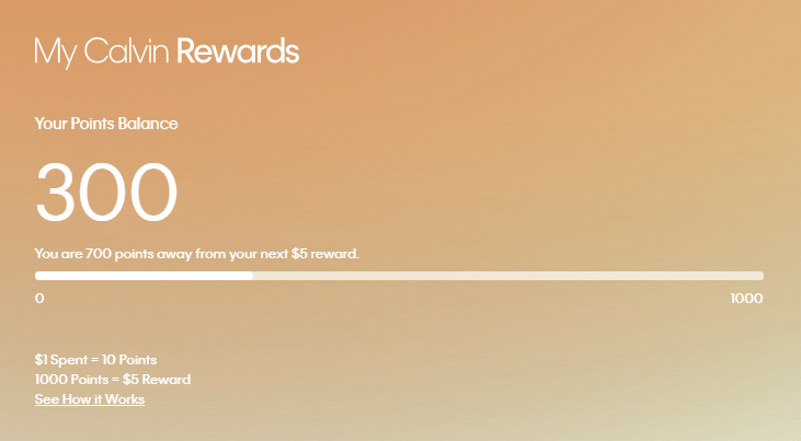 My Calvin Rewards member dashboard showing a points balance of 300 with a progress bar indicating 700 points remaining until the next $5 reward