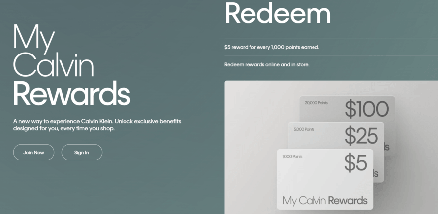 My Calvin Rewards program landing page showing tiered reward cards with $5, $25, and $100 redemption values based on points earned