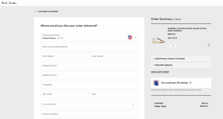 Paul Smith product page displaying point collection value for loyalty members