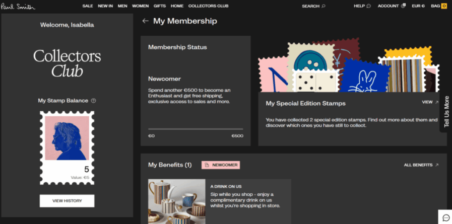 A dashboard image of Collectors Club, Paul Smith’s loyalty program, which is powered by Antavo.