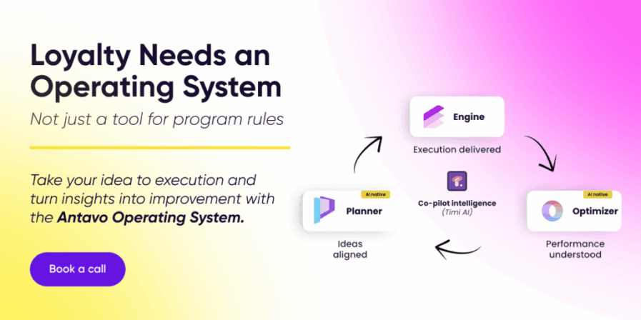 Antavo’s banner for booking a call or demo about the Antavo Operating System. 