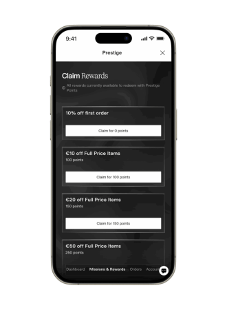 A list of currently available rewards in the Prestige loyalty program