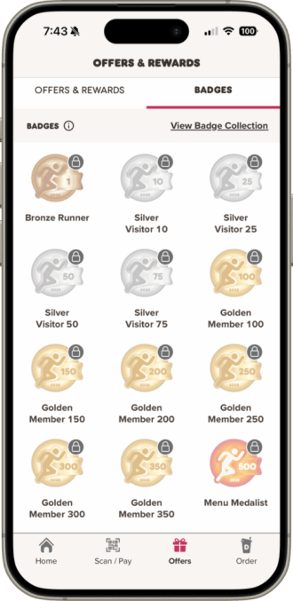 Dunkin' Rewards app badges screen showing a locked grid of visit-based badges, including Bronze Runner and Golden Member tiers.