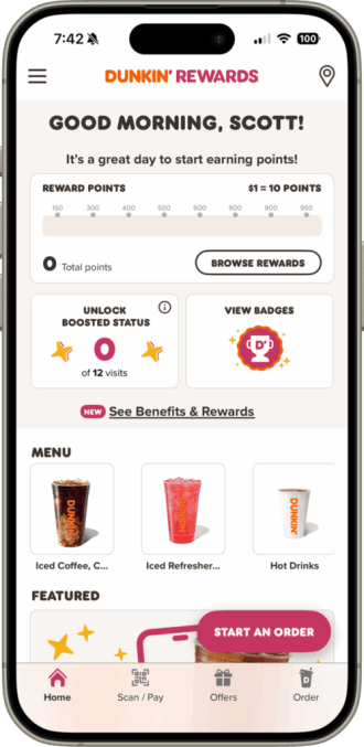 Dunkin' Rewards app home screen showing a member's points balance, progress toward Boosted Status, and a badges shortcut.