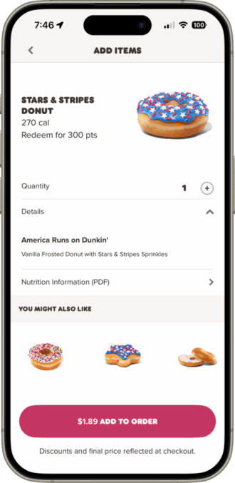 Dunkin' Rewards app screen showing a Stars & Stripes Donut reward available for 300 points.