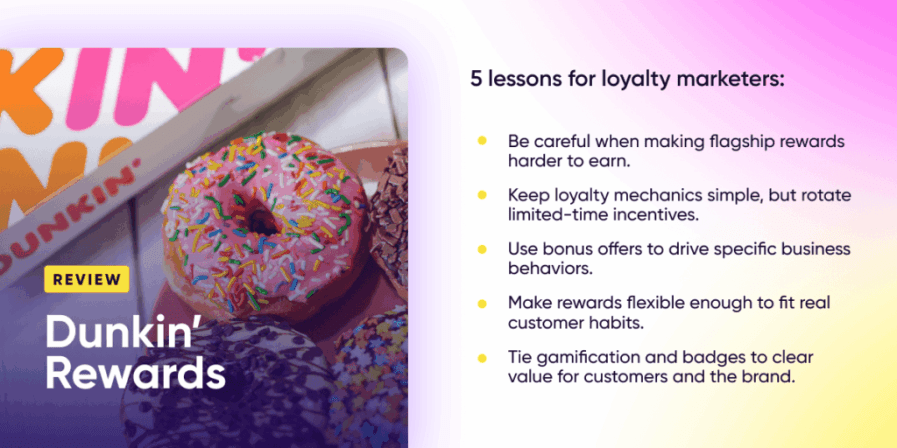 Infocard titled "5 lessons for loyalty marketers," listing five takeaways from the Dunkin' Rewards review next to a photo of Dunkin' donuts