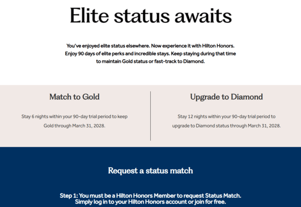 Hilton Honors Status Match landing page offering Gold or Diamond status via a 90-day trial, with a "Request a status match" button.
