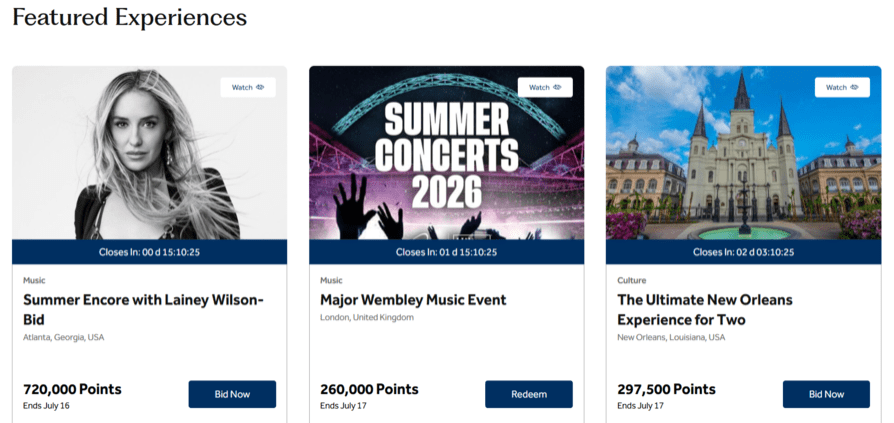 Three Hilton Honors Experiences auction listings for a concert, a music event, and a New Orleans culture experience, each with a point price and bid button.