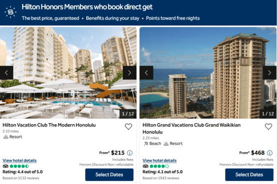 Hilton.com direct-booking banner above two Honolulu hotel listings showing nightly rates and guest ratings