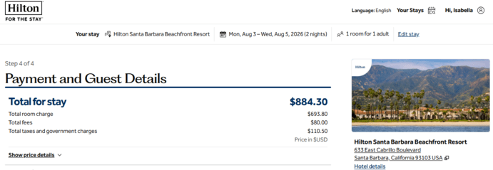Hilton Honors offers checkout page without showing point amount