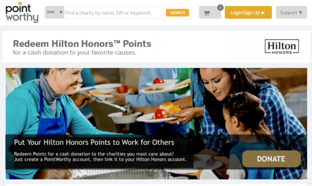PointWorthy page for donating Hilton Honors points to charity, showing volunteers serving food and a "Donate" button.