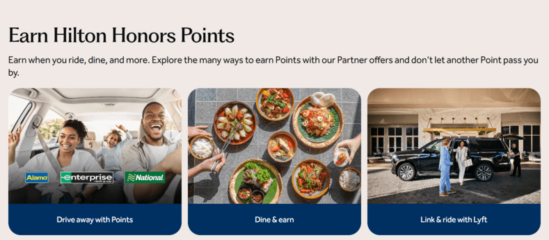 Hilton Honors banner with three panels: a family in a rental car, a spread of restaurant dishes, and a woman entering a car, promoting car rental, dining, and Lyft earning partners