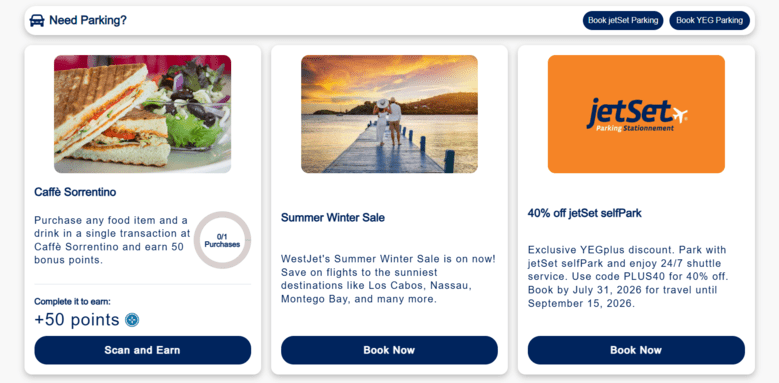 Screenshot of YEGplus challenge cards showing a Caffè Sorrentino food and drink bonus worth 50 points