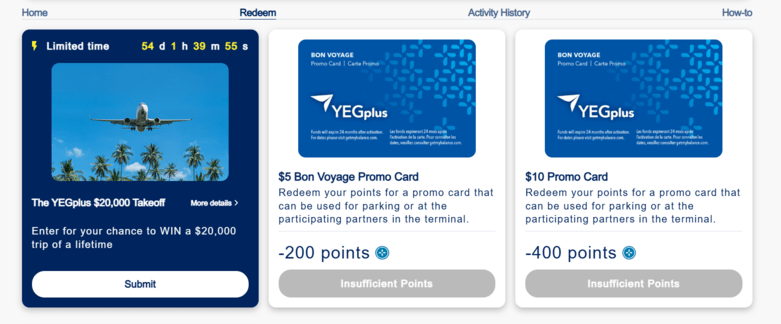 YEGplus redemption screen showing the $20,000 Takeoff sweepstakes entry