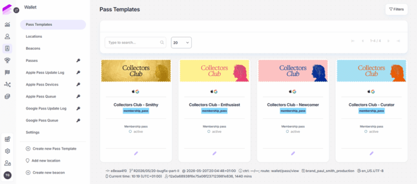 Antavo dashboard showing four Collectors Club Mobile Wallet pass templates for each membership tier