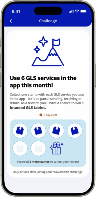 GLS app challenge screen prompting users to use 6 GLS services in a month, showing a stamp card with 2 days left and a branded GLS tablet reward