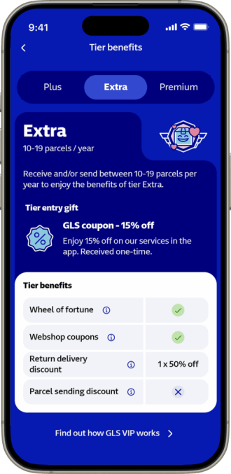 GLS app tier benefits screen for Extra tier listing Wheel of Fortune, webshop coupons, a 50% return delivery discount, and a locked parcel sending discount