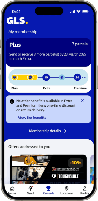 GLS app membership screen showing Plus tier with 7 parcels logged, a progress bar toward Extra tier, and a tier benefit notification banner